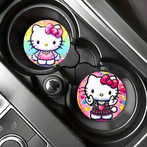2 Car Coasters Hello Kitty Sanrio Car Drink Auto Vehicle Waterproof Goth Emo NEW
